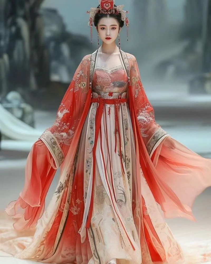 Cosplay anime nữ trong trang phục cổ trang Trung Hoa màu đỏ trắng giữa khung cảnh sương mờ
