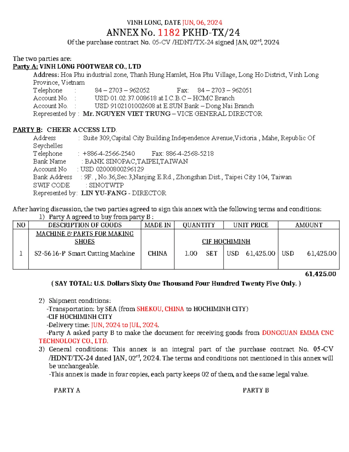 Annex SEA-240613-C: Purchase Terms for Machine & Parts Agreement - Studocu