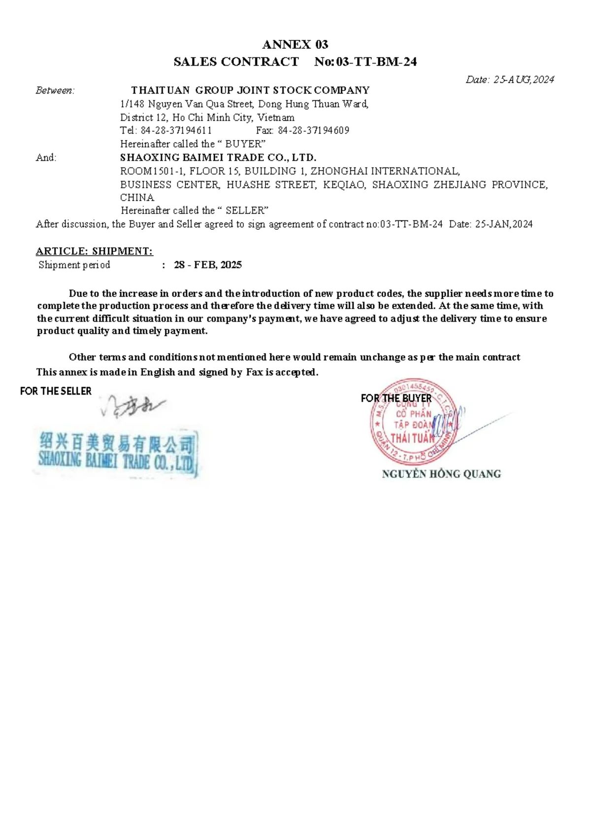 Annex hợp đồng bán hàng số 01/TM-HD/2024 giữa công ty TNHH gia công và công ty thương mại quốc tế