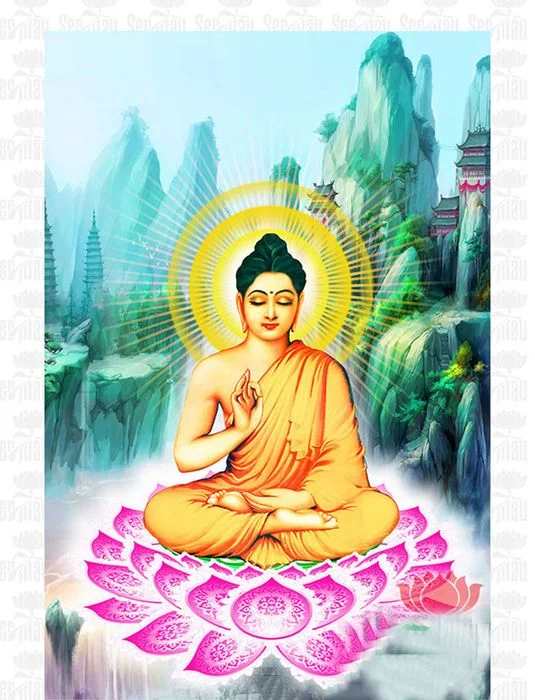 Phật A Di Đà ngồi thiền giữa khung cảnh thiên nhiên