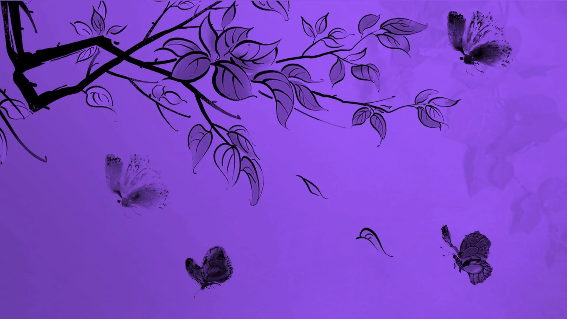 Hình nền tím đẹp mắt với cành cây và bướm nghệ thuật, phù hợp làm wallpaper máy tính và điện thoại
