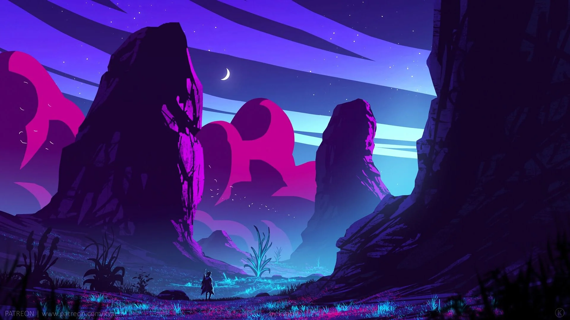 hình nền tím fantasy - cảnh quan thần tiên với núi đá và bầu trời tím hồng lấp lánh