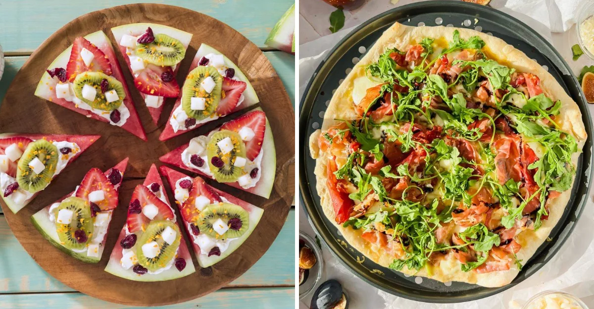 Cắt ghép các miếng pizza nhiều màu sắc và một chiếc pizza phủ rau xanh