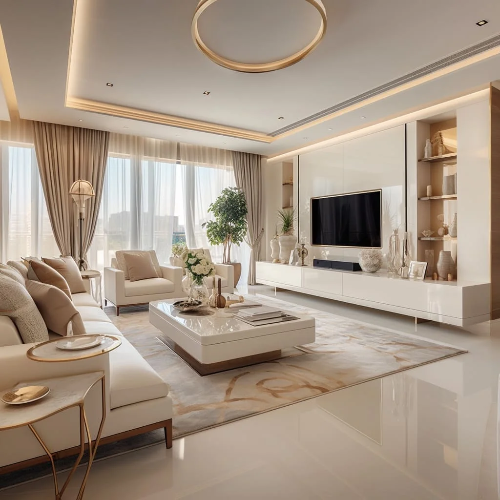 Trang trí nội thất phòng khách chung cư với tông màu trắng be sang trọng