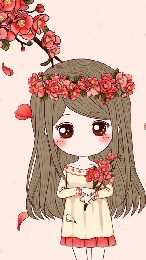Cô bé anime dễ thương đội vòng hoa cầm bó hoa