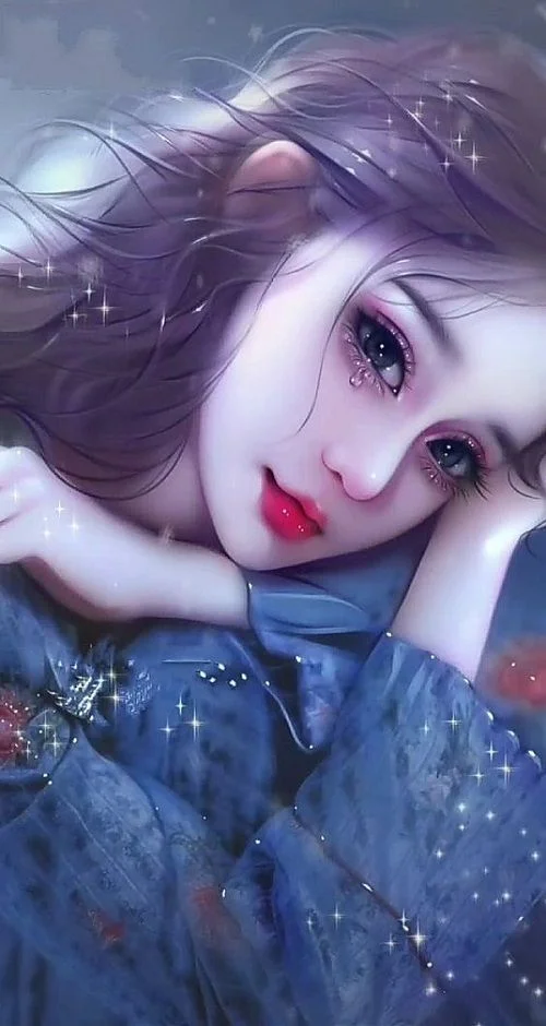 Cô gái anime tóc tím nằm giữa khung cảnh xanh mộng mơ