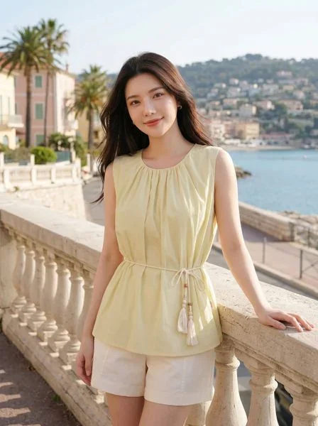 Áo sát nách thô gió nhún cổ tròn kèm đai trang trí