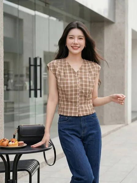 Áo tay cộc kiểu cổ V ly vai