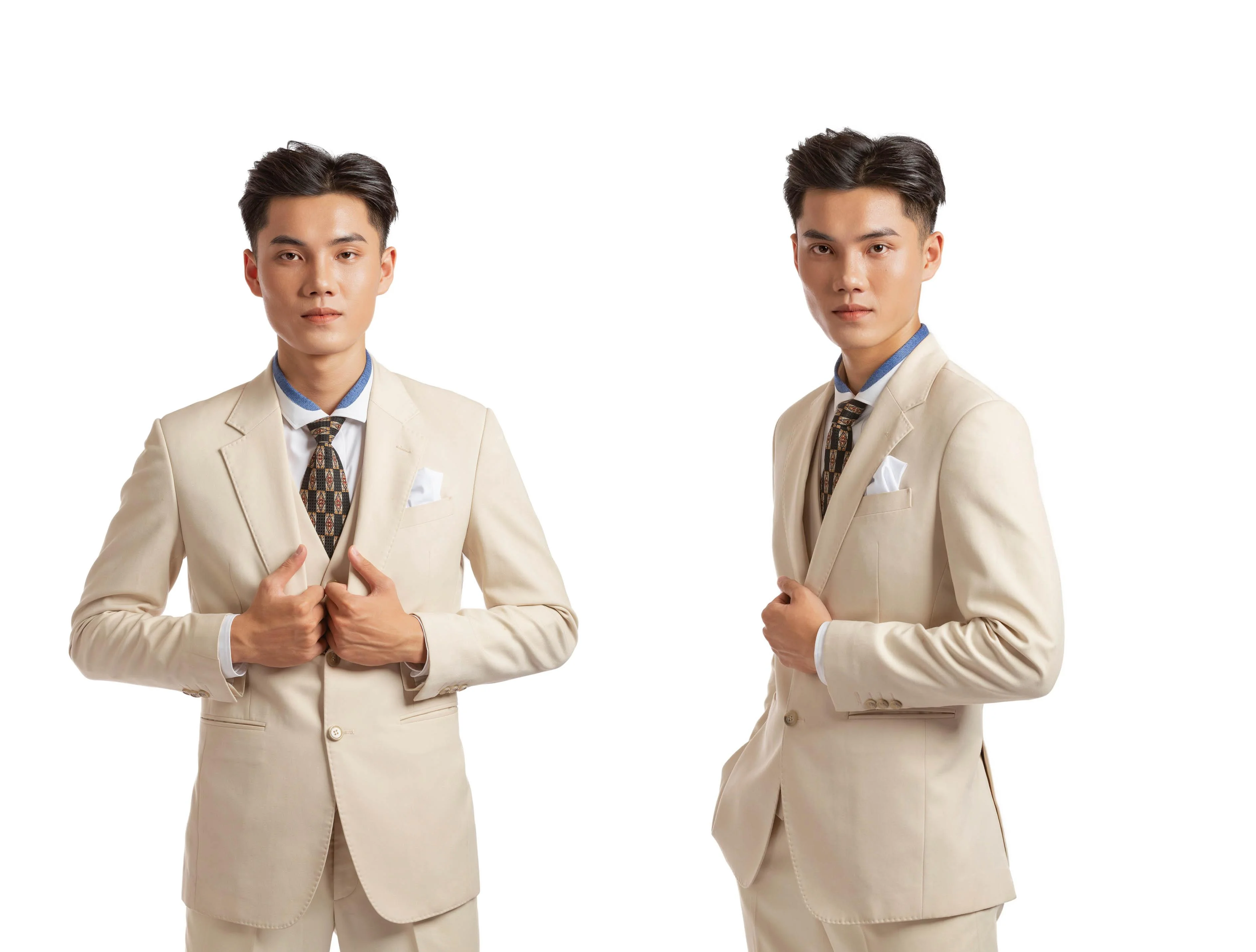Ảnh chân dung hai nam người mẫu mặc vest màu be