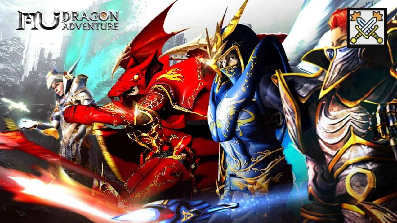 banner game nhập vai với rồng đỏ và chiến binh áo giáp vàng