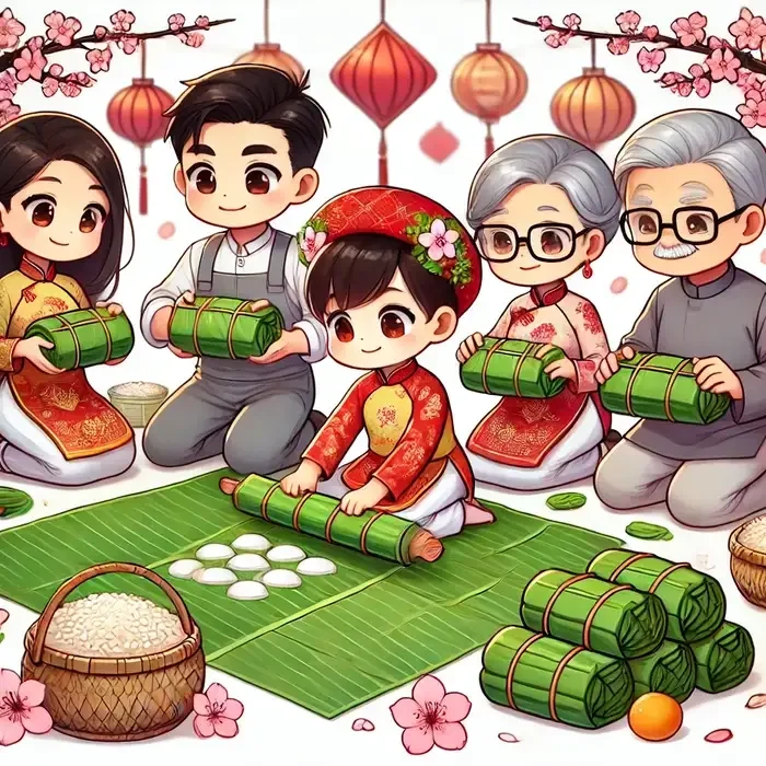 Không khí rộn ràng qua tranh tết chibi đáng yêu