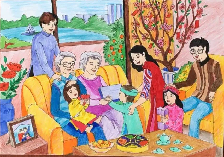 Tranh vẽ gia đình nhiều thế hệ ngày Tết