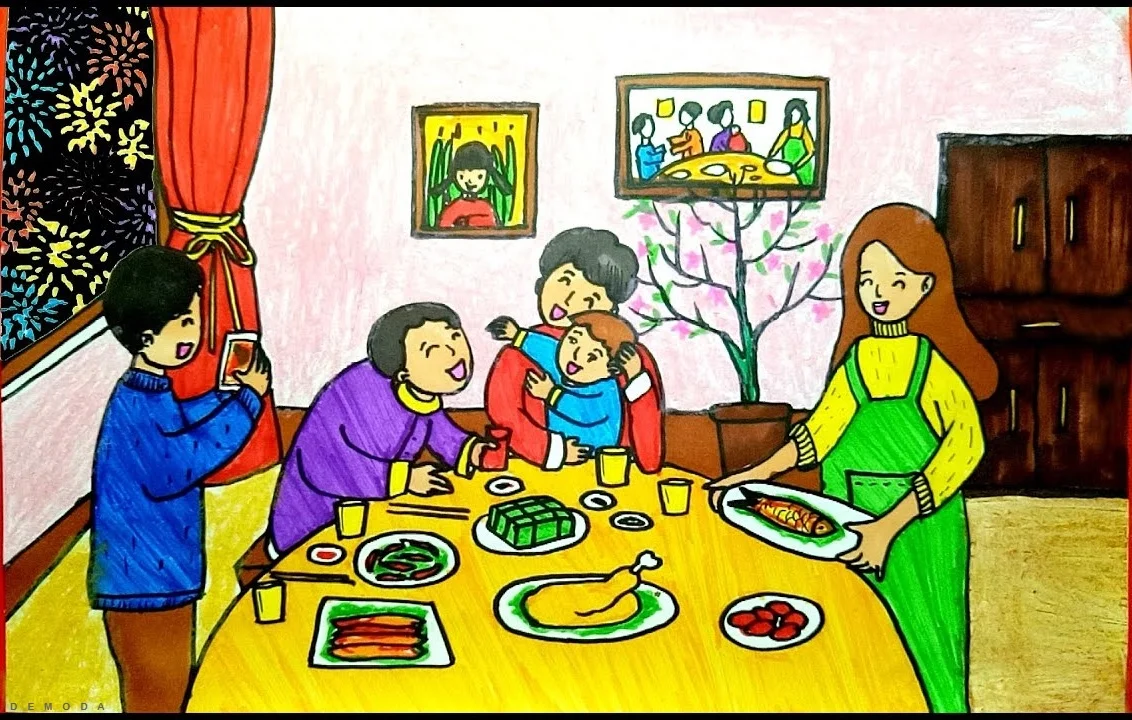 Tranh vẽ gia đình sum họp trong bữa tiệc