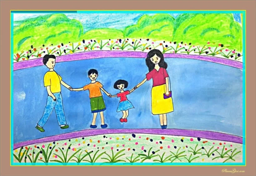 Tranh vẽ gia đình nắm tay nhau đi dạo