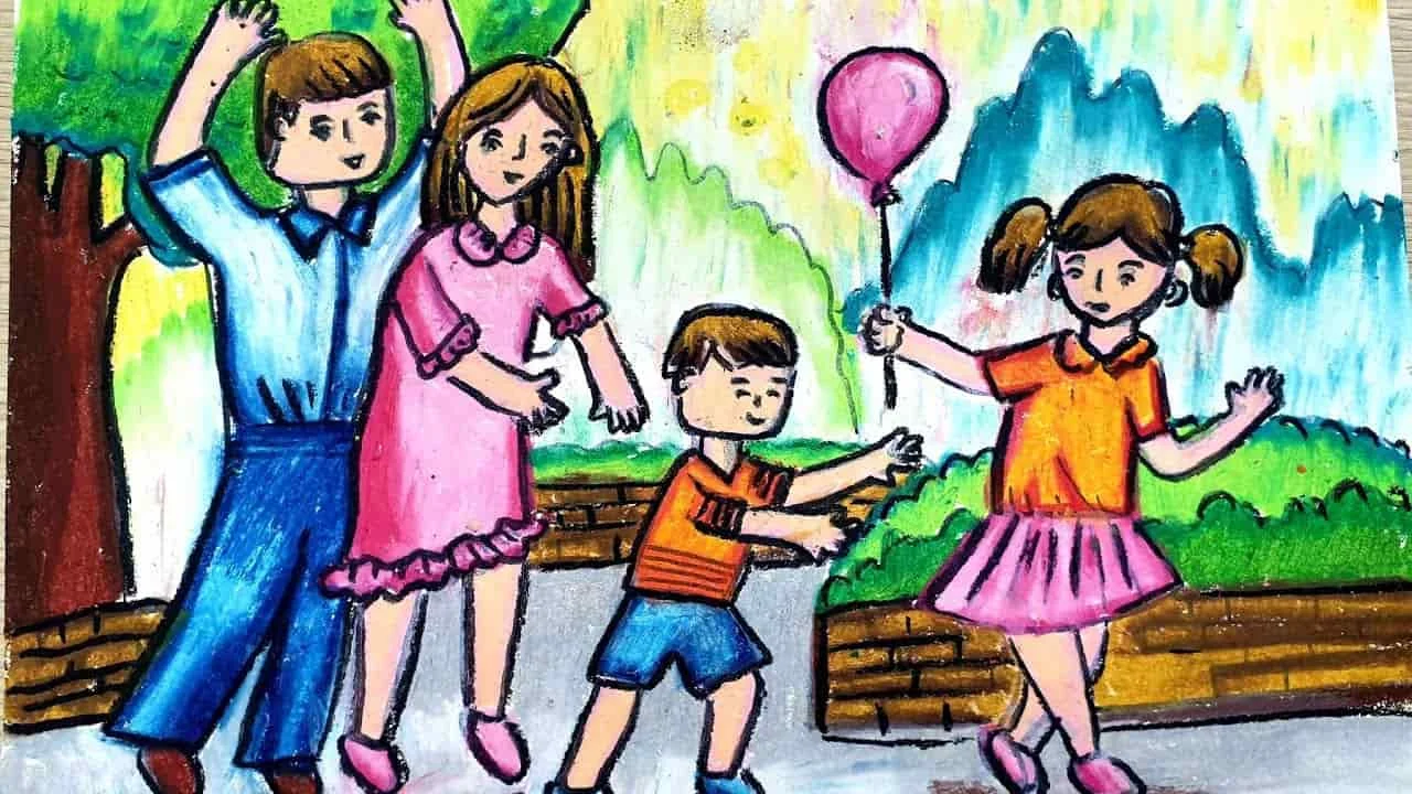 Tranh vẽ gia đình vui chơi ngoài trời