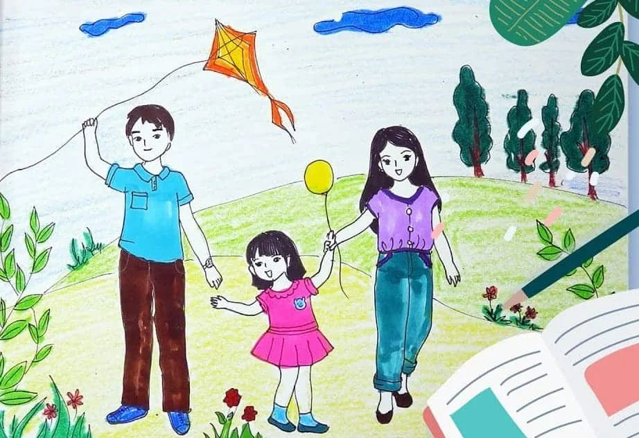 Tranh vẽ gia đình thả diều trên đồng cỏ