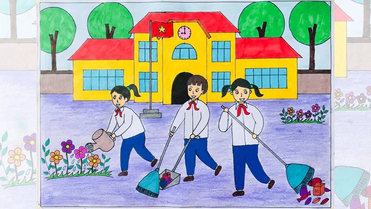 Học sinh vẽ tranh bảo vệ môi trường bằng cách dọn dẹp sân trường