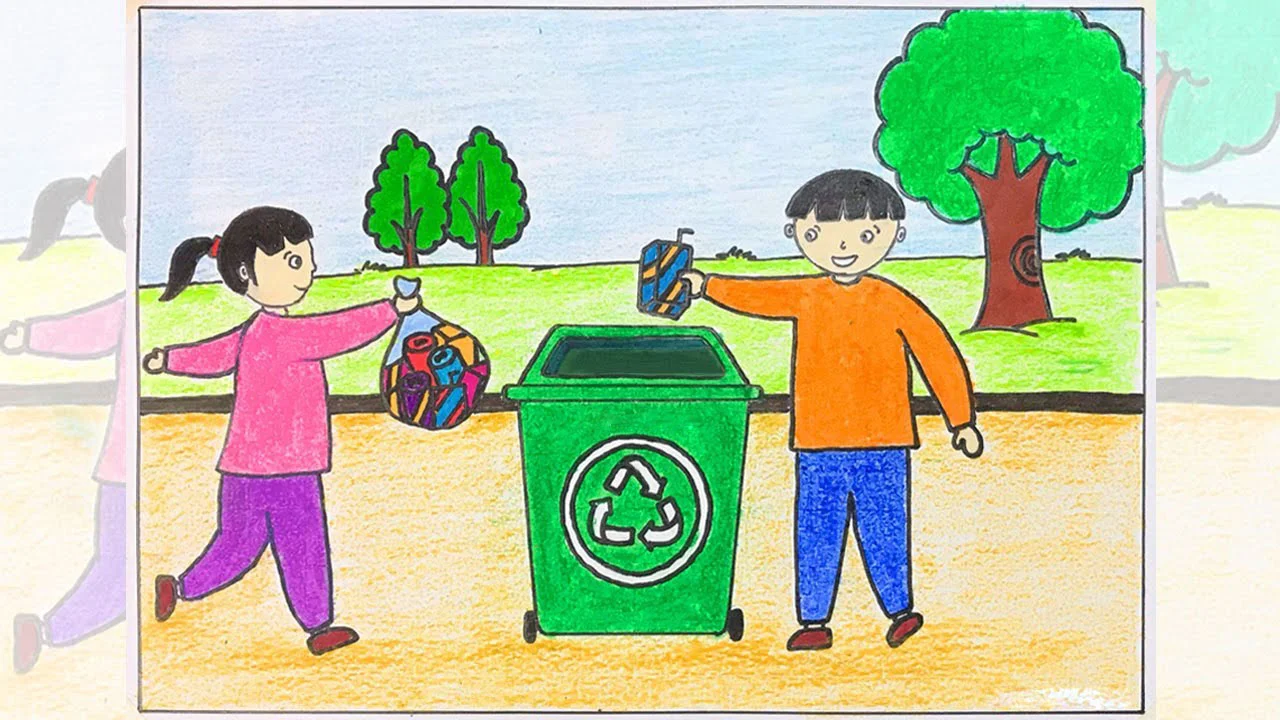 Tranh vẽ trẻ em phân loại rác thải vào thùng rác