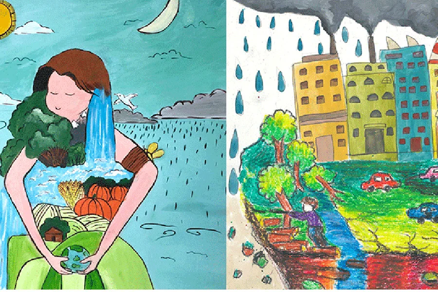 Tranh vẽ sự đối lập giữa thiên nhiên và đô thị ô nhiễm bảo vệ môi trường