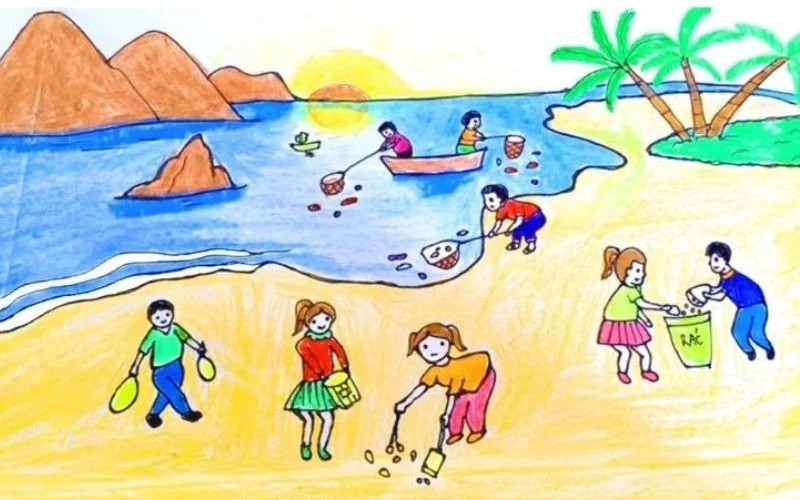 Tranh vẽ trẻ em nhặt rác trên bãi biển để bảo vệ môi trường