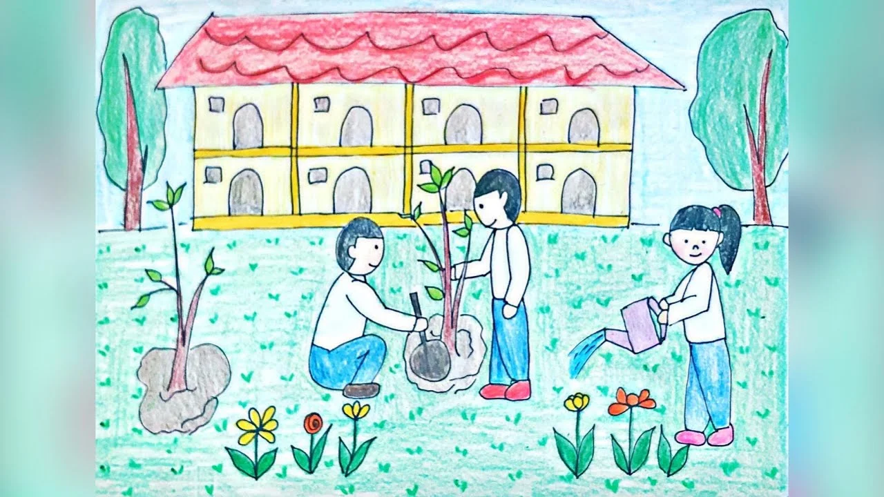 Tranh vẽ học sinh trồng và chăm sóc cây xanh bảo vệ môi trường