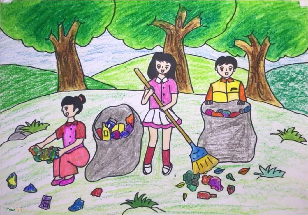 Tranh vẽ các bạn nhỏ thu gom rác thải bảo vệ môi trường