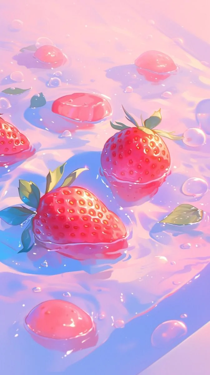 hình nền điện thoại 3d đẹp nhất với chủ đề dâu tây và trái cây màu hồng pastel