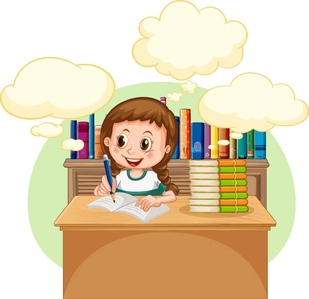 hình ảnh học sinh nữ đang ngồi học bài với sách vở trong thư viện