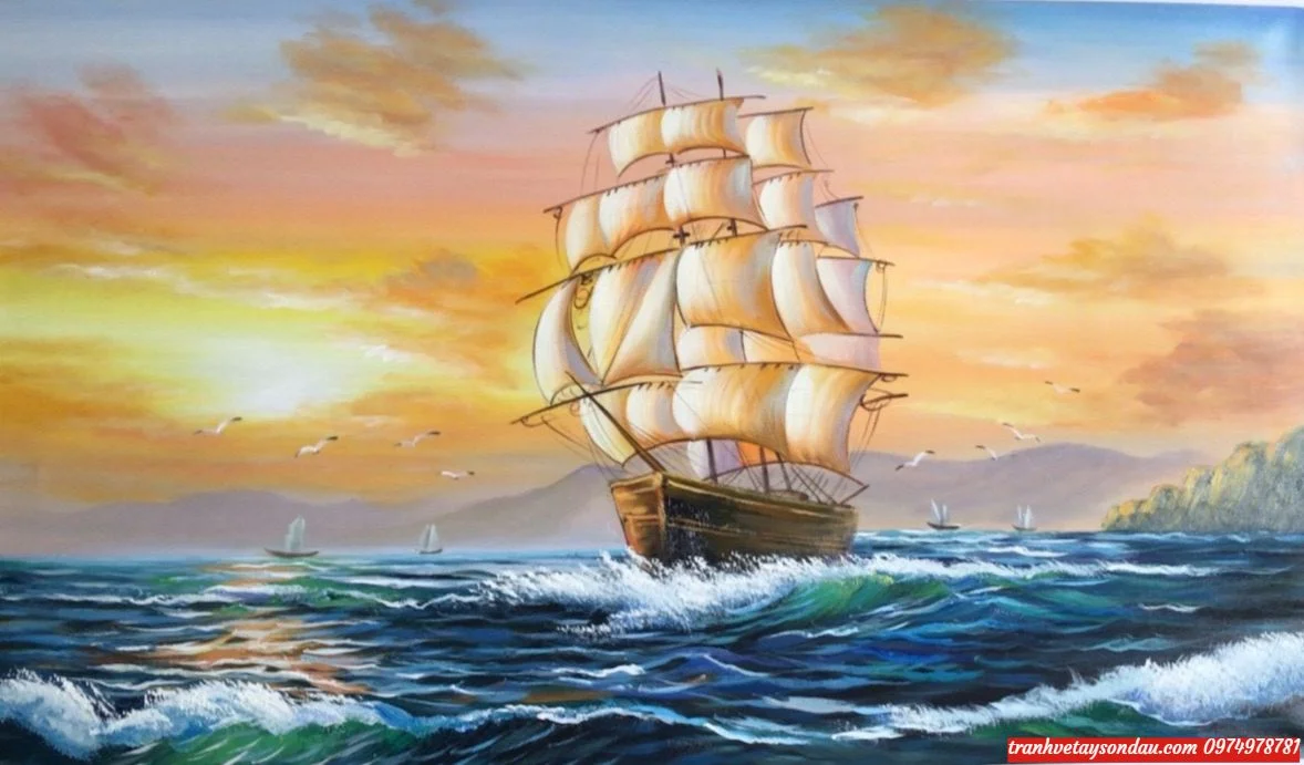 Tranh thuận buồm xuôi gió vẽ sơn dầu trên biển lúc hoàng hôn đẹp mắt